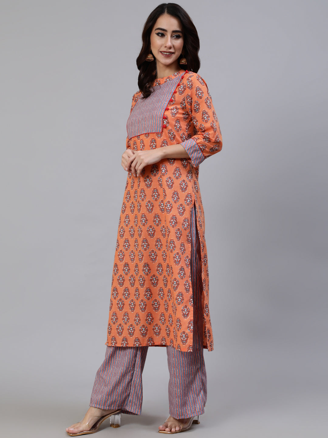 Orange Floral Print Kurta Palazzo With Dupatta