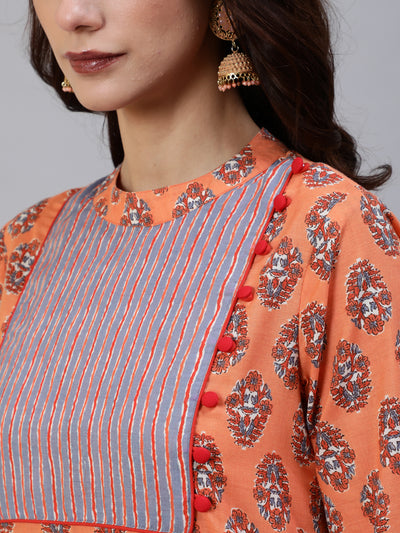 Orange Floral Print Kurta Palazzo With Dupatta