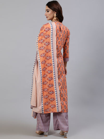 Orange Floral Print Kurta Palazzo With Dupatta