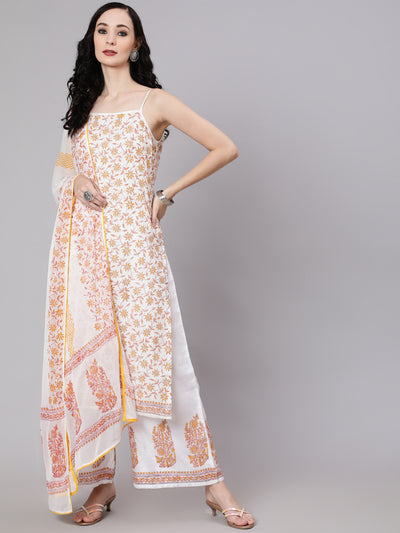 White Block Print Kurta Palazzo With Dupatta