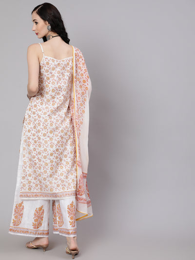 White Block Print Kurta Palazzo With Dupatta