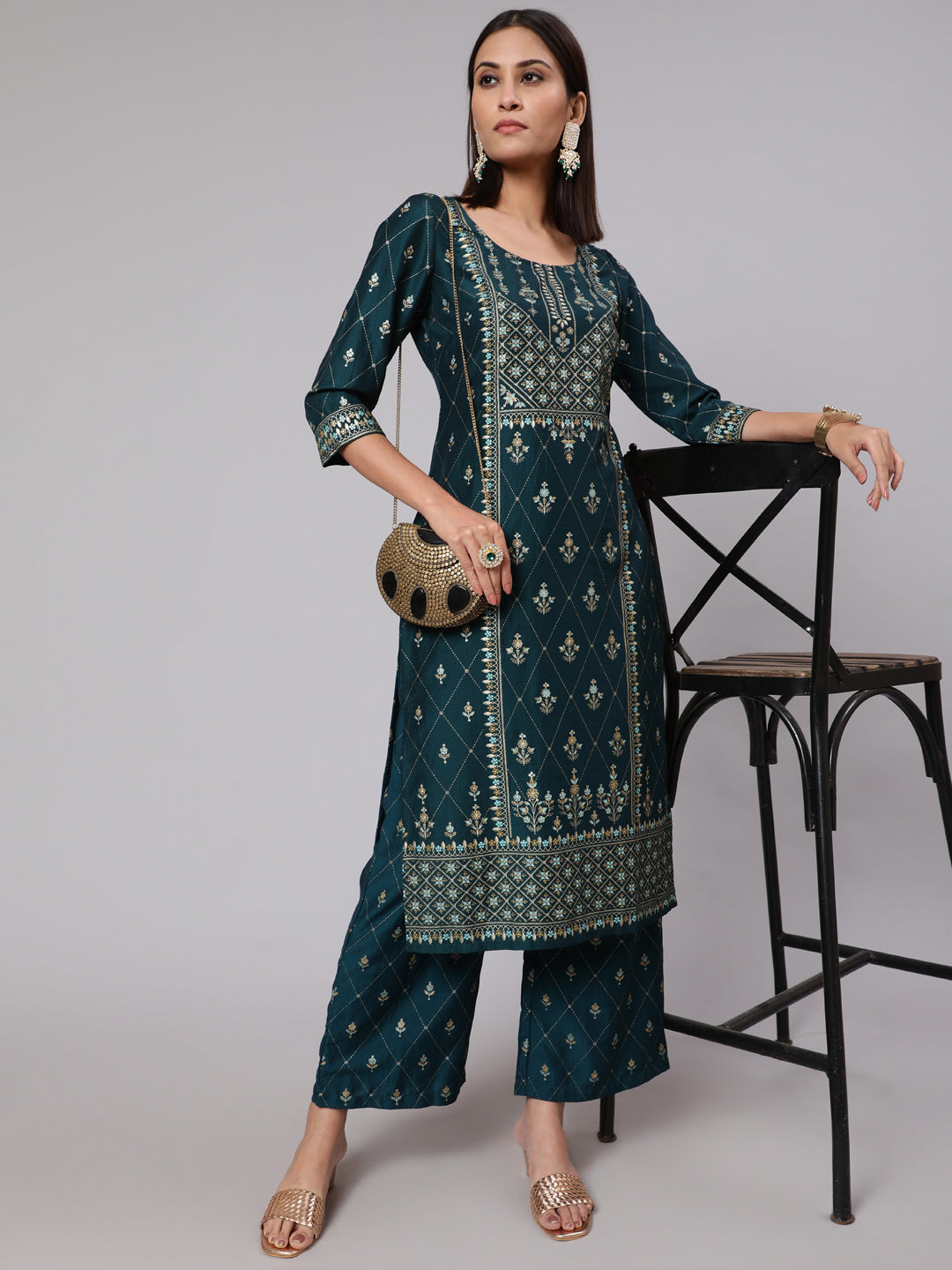 Teal Blue Placement Print Kurta With Palazzo
