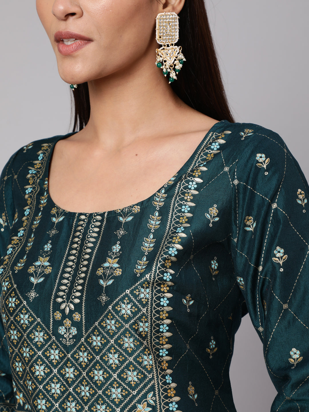 Teal Blue Placement Print Kurta With Palazzo