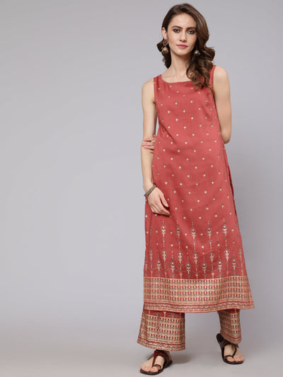 Rust Red Placement Print Kurta With Palazzo