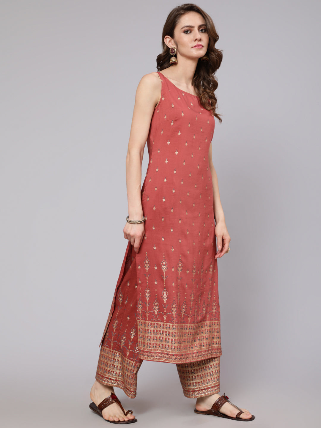 Rust Red Placement Print Kurta With Palazzo