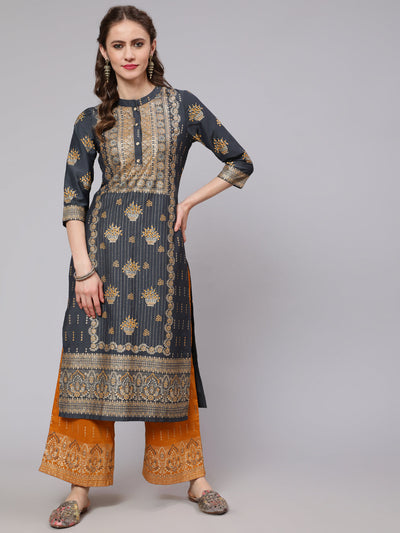 Grey & Mustard Placement Print Kurta Set With Palazzo