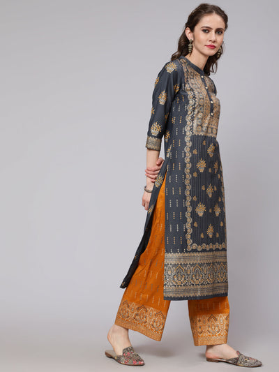 Grey & Mustard Placement Print Kurta Set With Palazzo