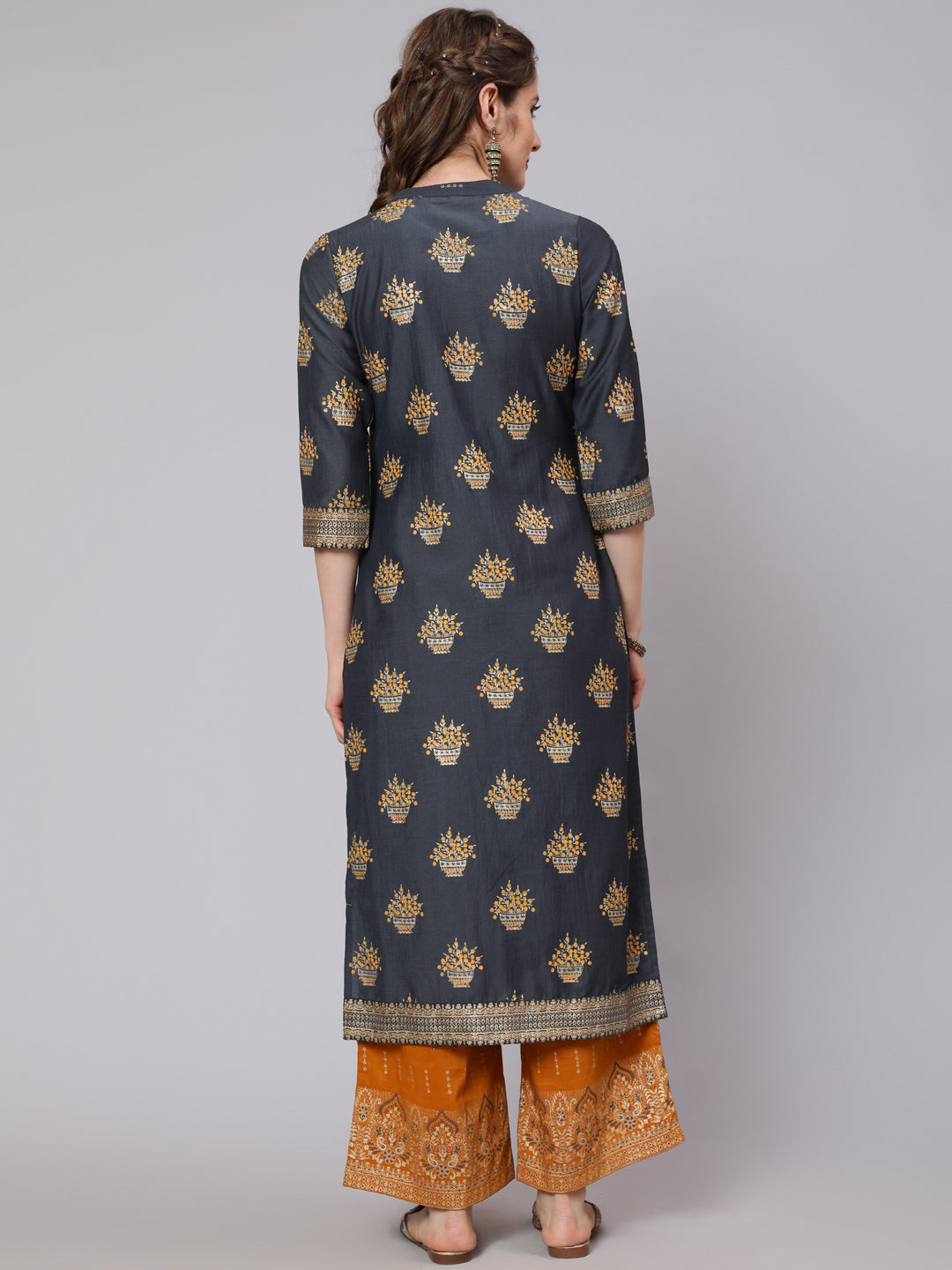 Grey & Mustard Placement Print Kurta Set With Palazzo