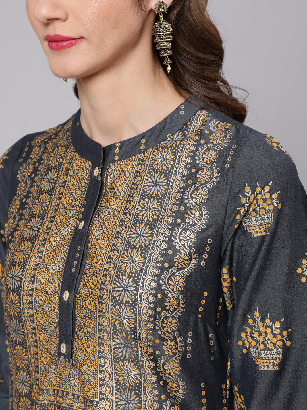 Grey & Mustard Placement Print Kurta Set With Palazzo