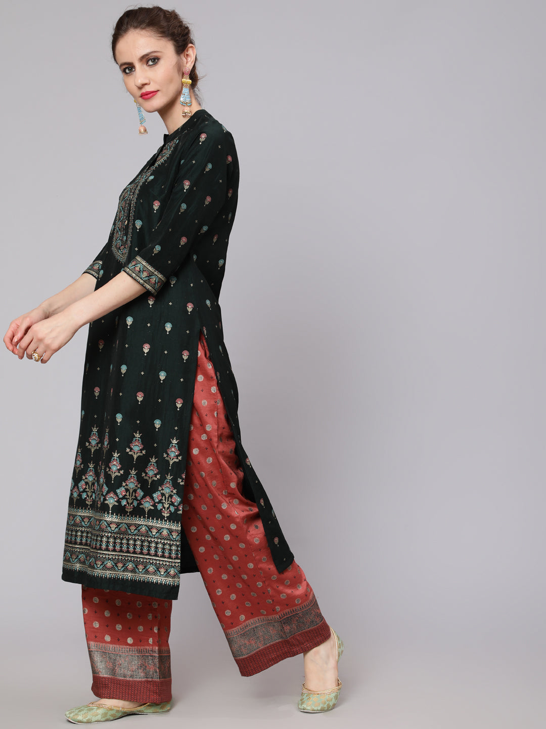 Dark Green & Rust Placement Print Kurta With Palazzo