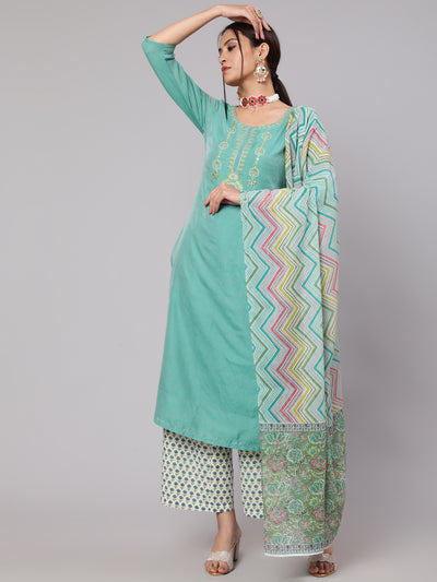 Green & White Printed Kurta Palazzo With Dupatta