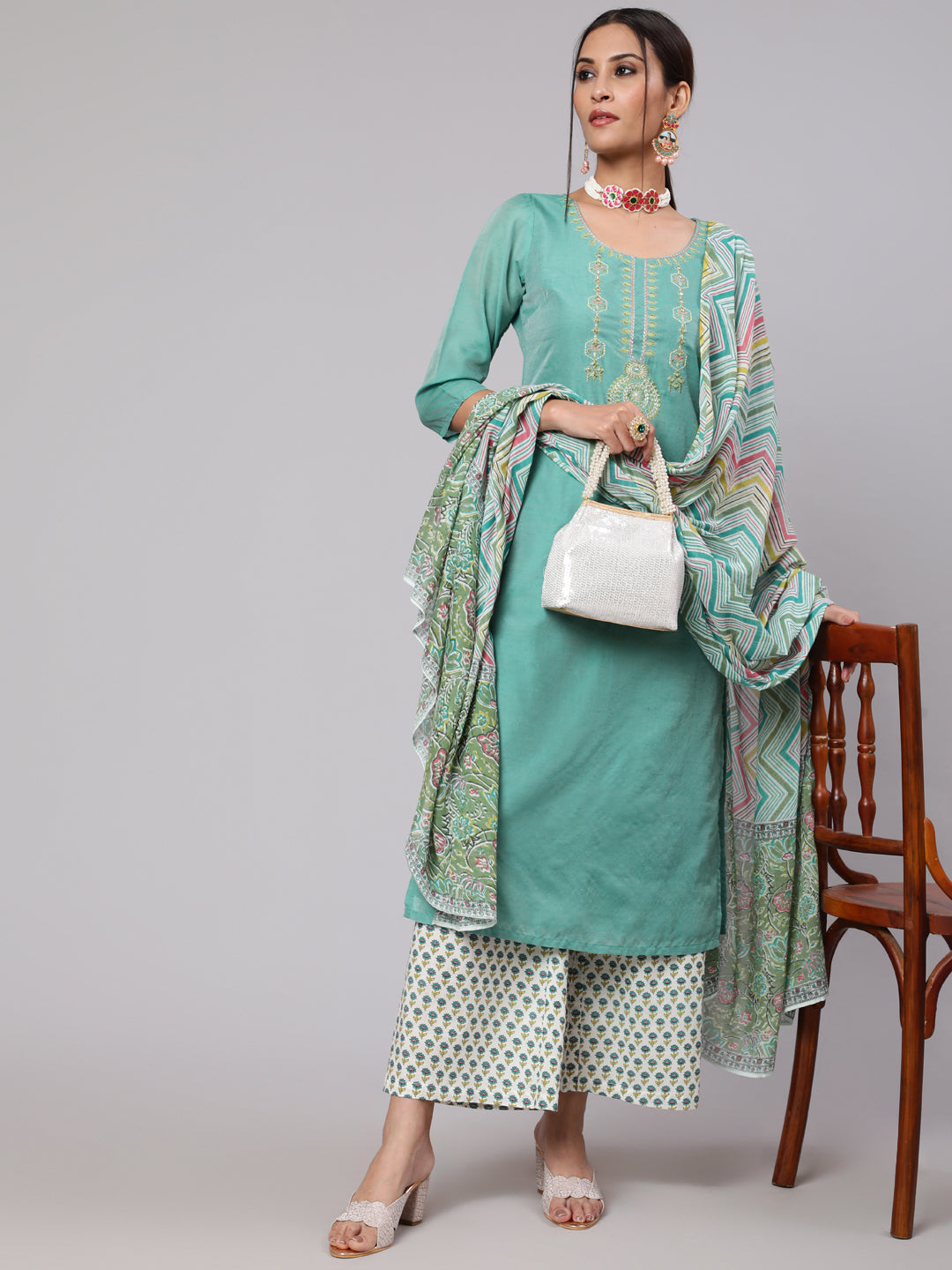 Green & White Printed Kurta Palazzo With Dupatta