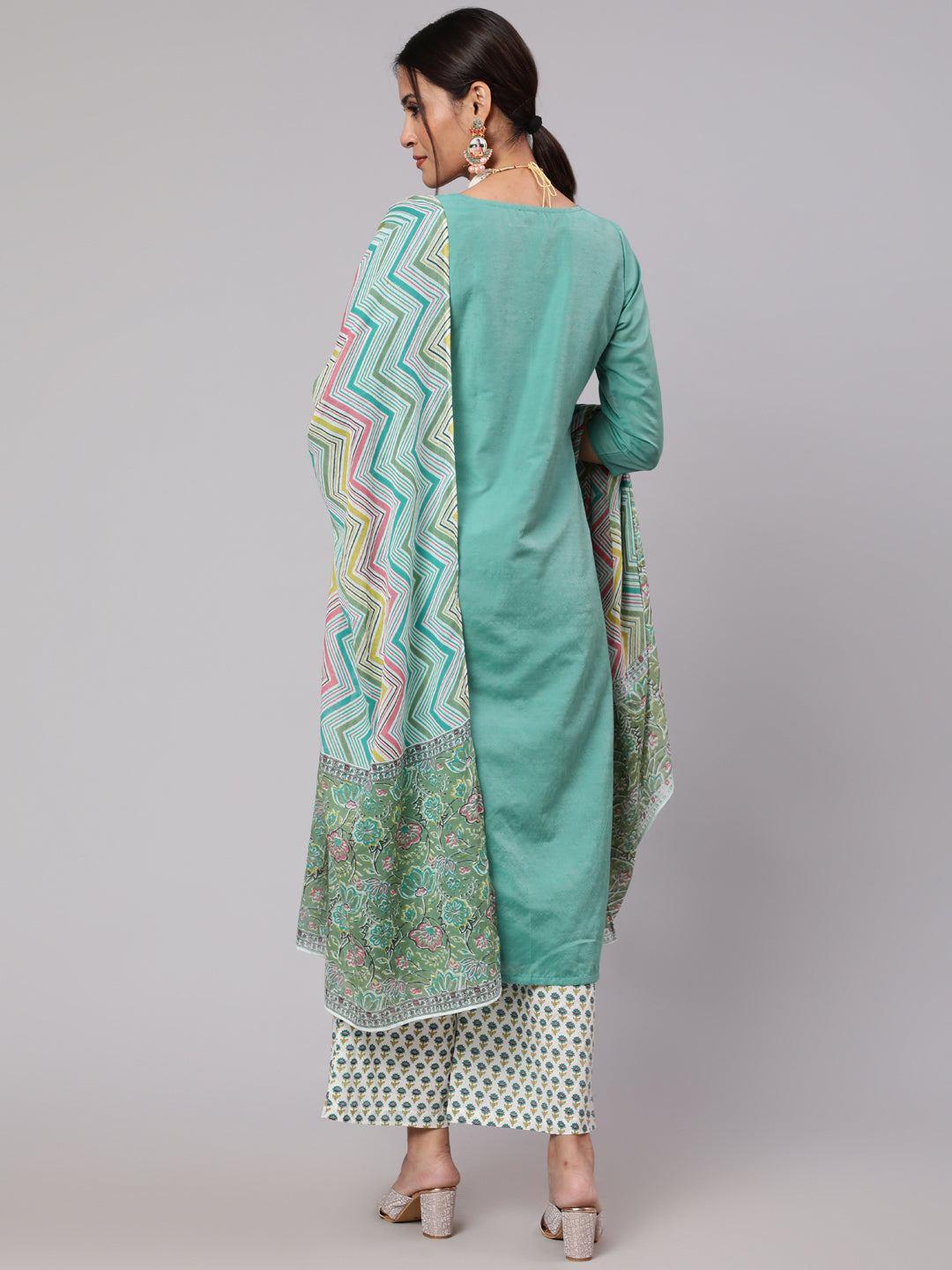 Green & White Printed Kurta Palazzo With Dupatta