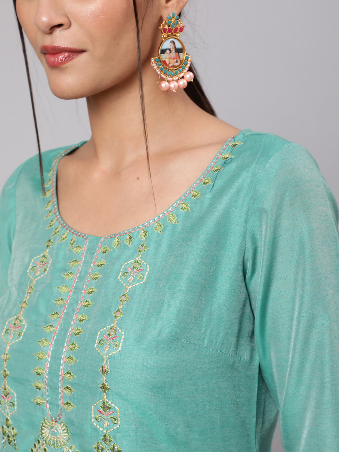 Green & White Printed Kurta Palazzo With Dupatta