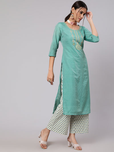 Green & White Printed Kurta Palazzo With Dupatta