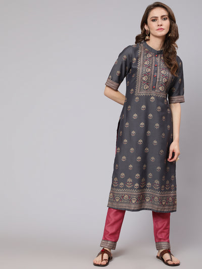 Grey & Pink Placement Print Kurta With Pant