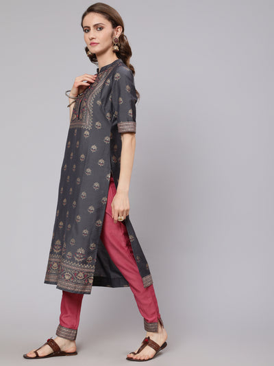 Grey & Pink Placement Print Kurta With Pant