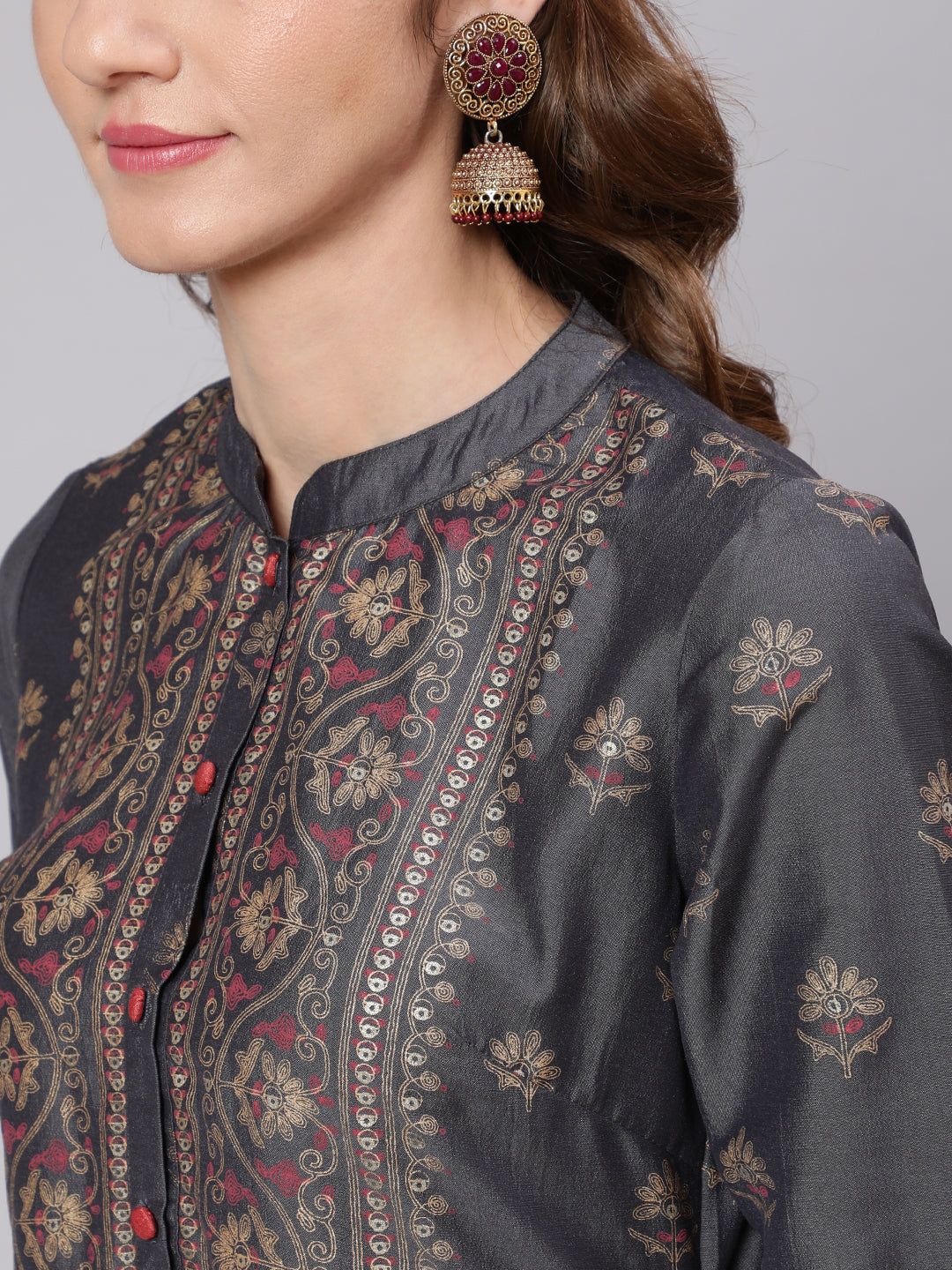 Grey & Pink Placement Print Kurta With Pant