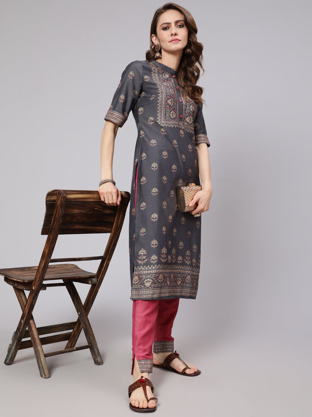 Grey & Pink Placement Print Kurta With Pant