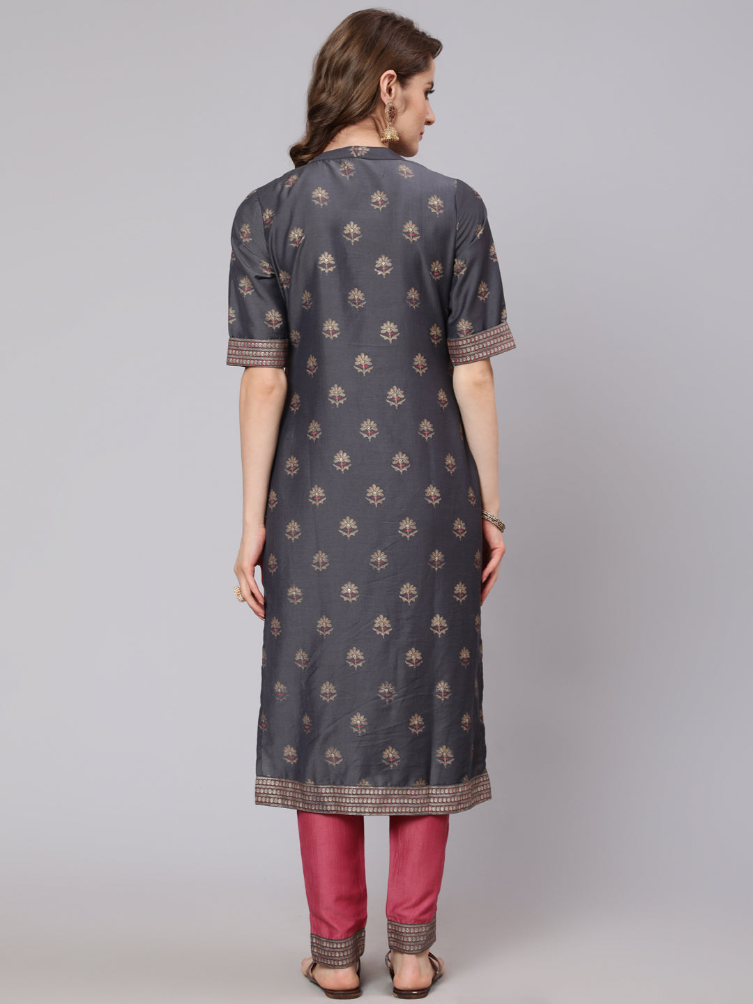 Grey & Pink Placement Print Kurta With Pant