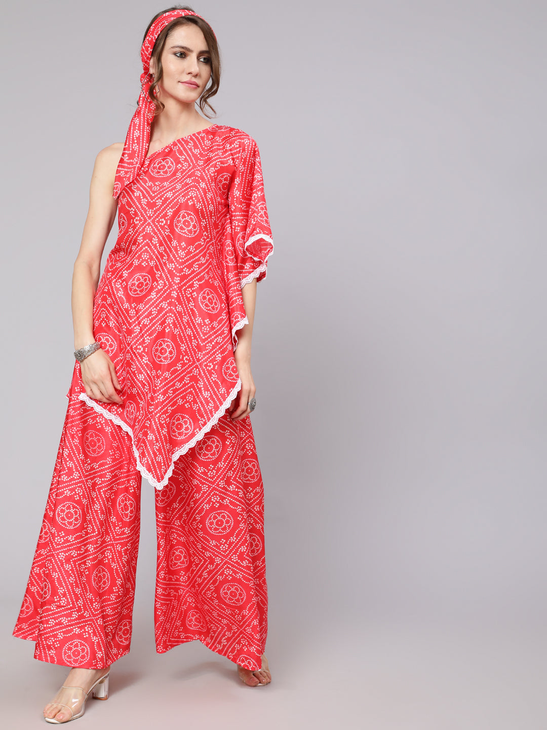 Red Bandhani Print Asymmetrical Kurta With Palazzo