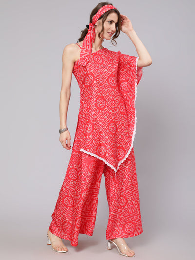 Red Bandhani Print Asymmetrical Kurta With Palazzo