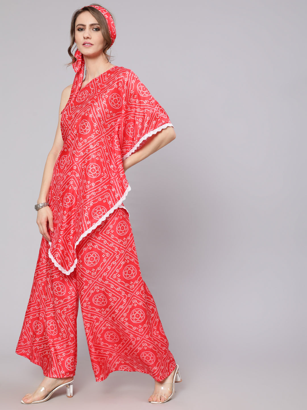 Red Bandhani Print Asymmetrical Kurta With Palazzo