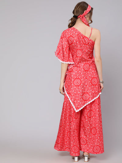 Red Bandhani Print Asymmetrical Kurta With Palazzo