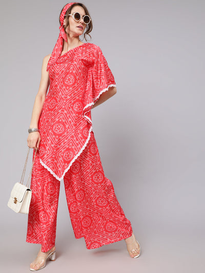 Red Bandhani Print Asymmetrical Kurta With Palazzo