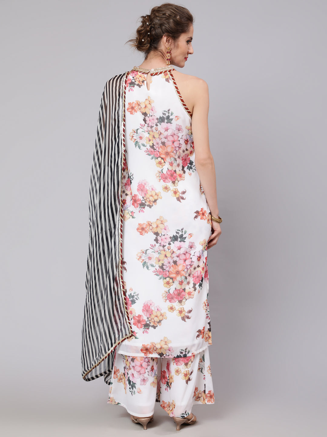 White Floral Print Kurta Palazzo With Dupatta