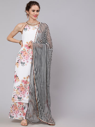 White Floral Print Kurta Palazzo With Dupatta