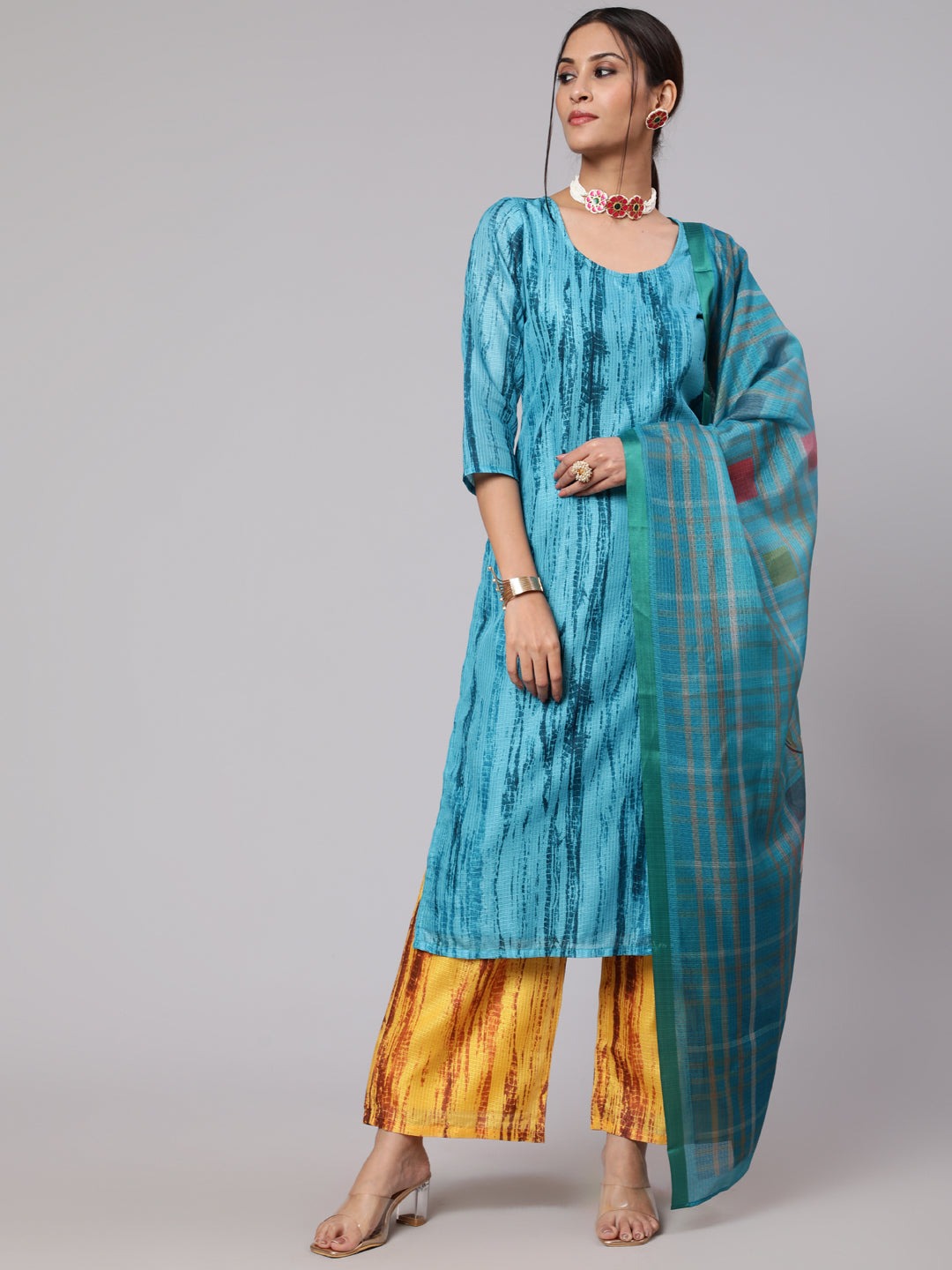 Blue & Mustard Printed Kurta Palazzo With Dupatta