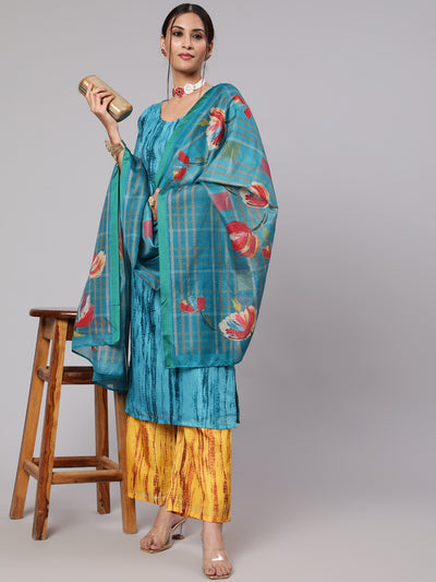 Blue & Mustard Printed Kurta Palazzo With Dupatta