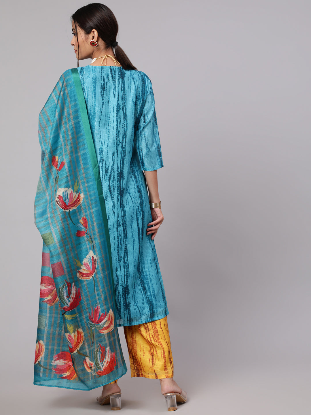 Blue & Mustard Printed Kurta Palazzo With Dupatta