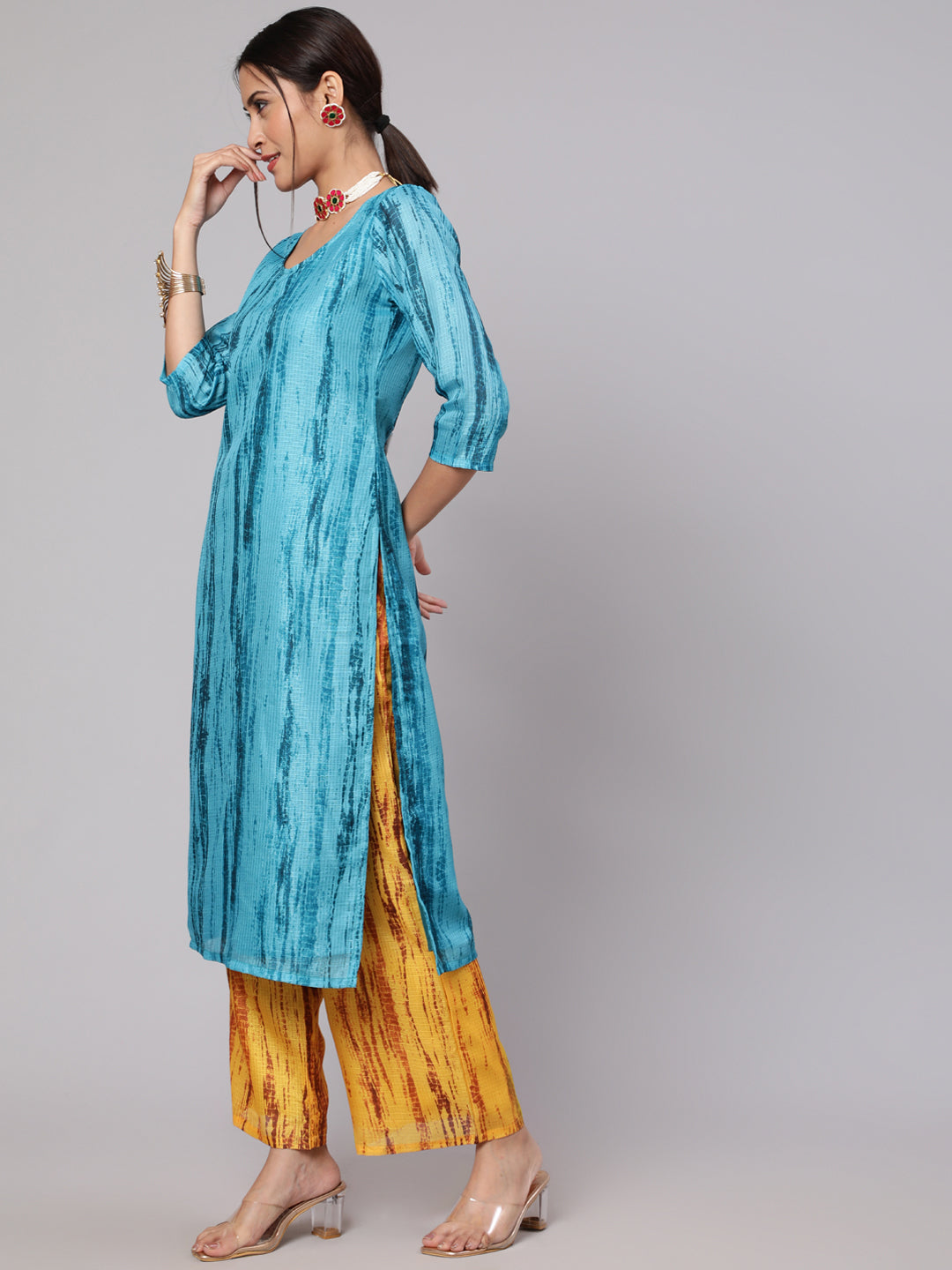 Blue & Mustard Printed Kurta Palazzo With Dupatta