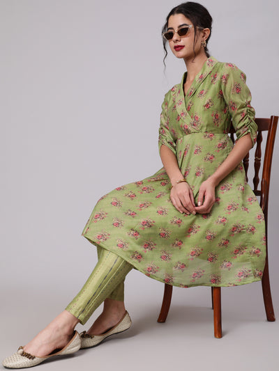 Green Floral Print A-Line Kurta With Pant