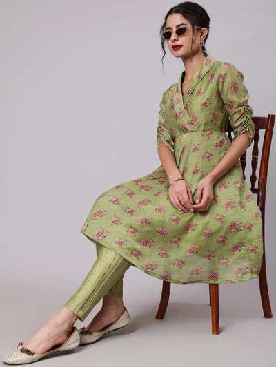 Green Floral Print Chanderi Suit Set - Mother Daughter Combo