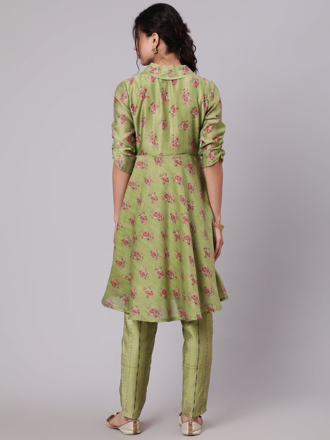 Green Floral Print A-Line Kurta With Pant