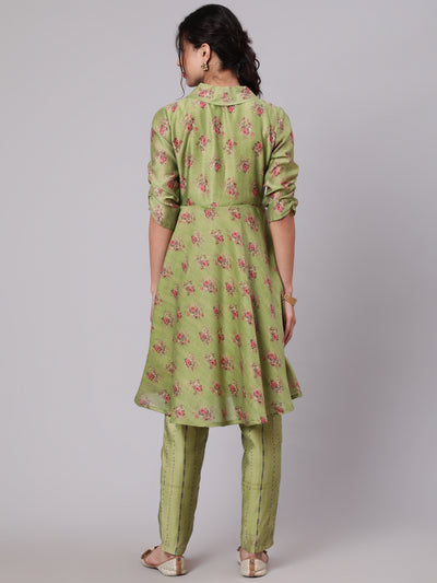 Green Floral Print A-Line Kurta With Pant