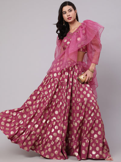 Magenta Foil Print Lehenga Choli With Dupatta