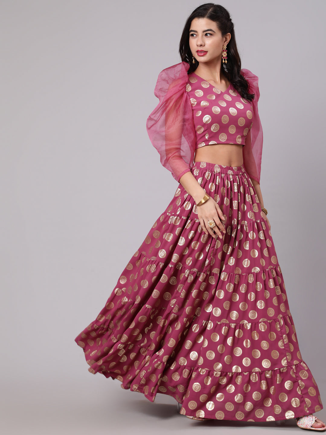 Magenta Foil Print Lehenga Choli With Dupatta