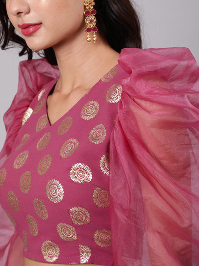 Magenta Foil Print Lehenga Choli With Dupatta