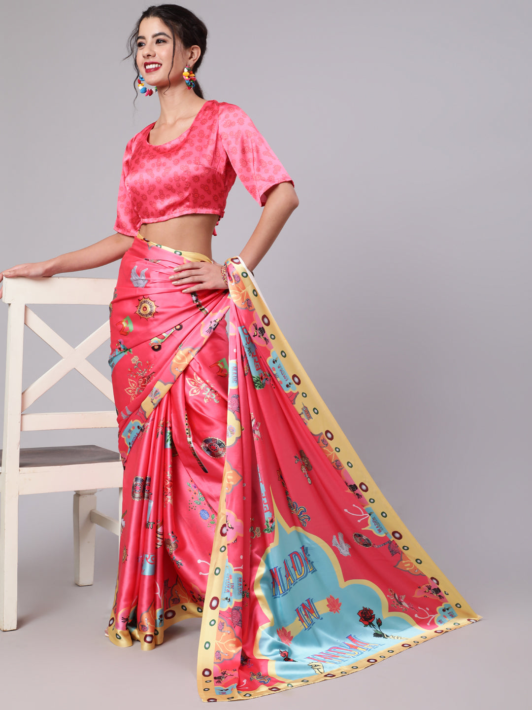 Pink Abstract Print Saree With Blouse Piece