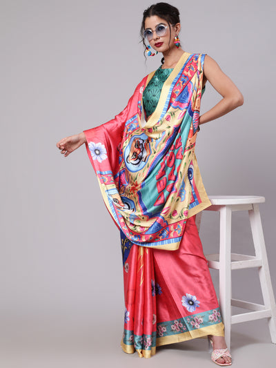 Multicolor Floral Print Saree With Blouse Piece