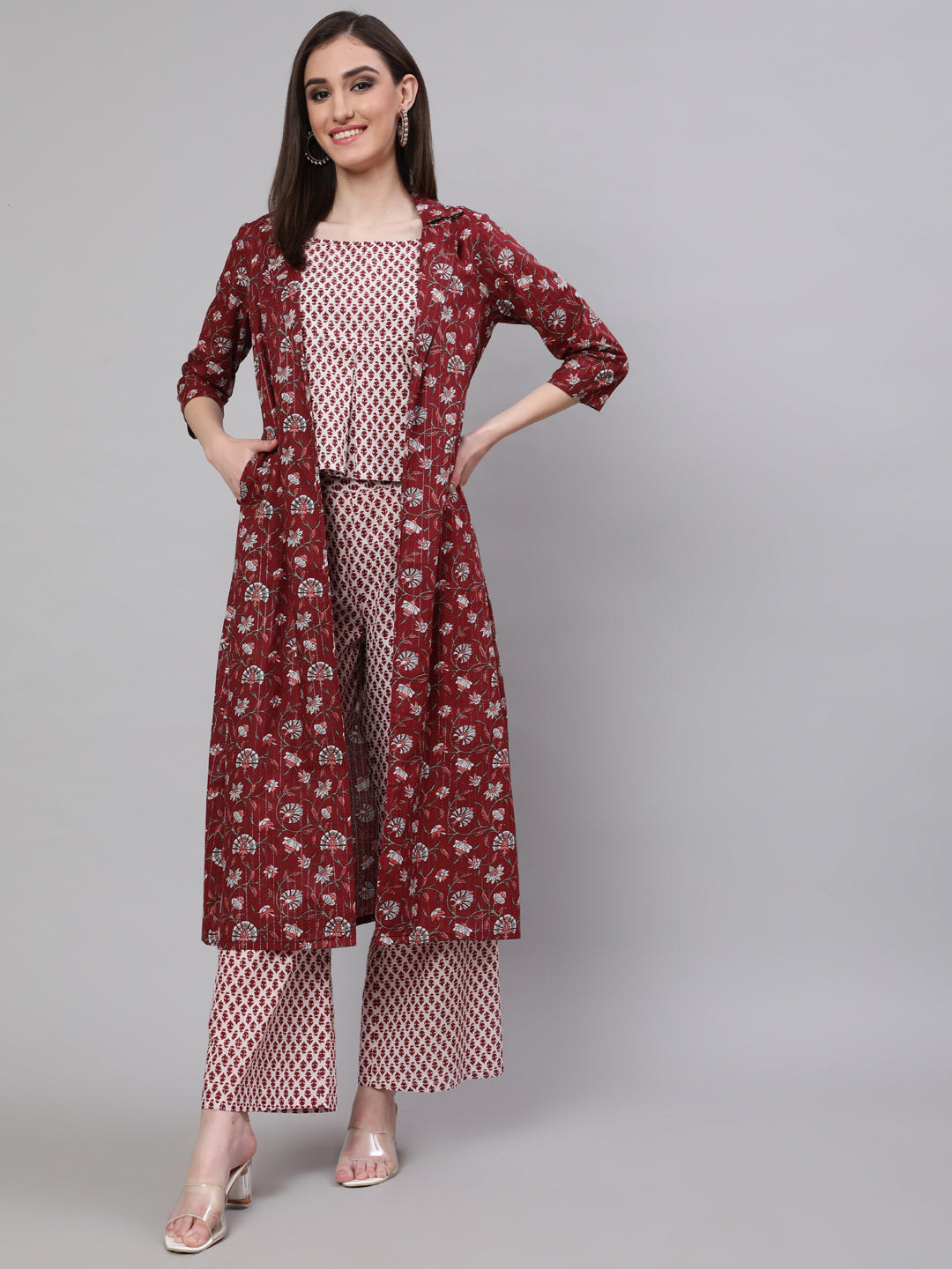 Maroon Ethnic Motif Co Ord Set with Jacket
