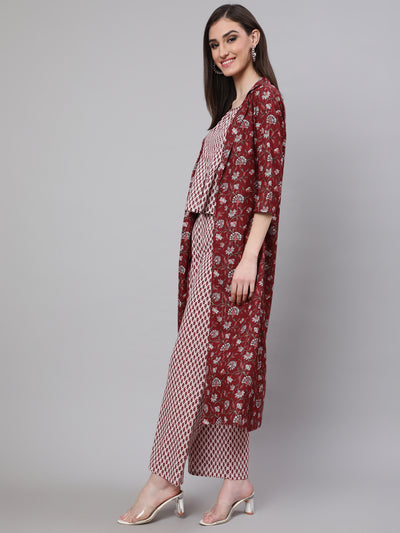 Maroon Ethnic Motif Co Ord Set with Jacket