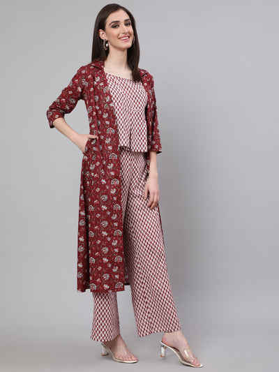 Maroon Ethnic Motif Co Ord Set with Jacket