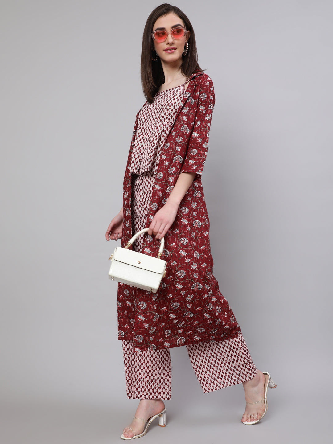 Maroon Ethnic Motif Co Ord Set with Jacket