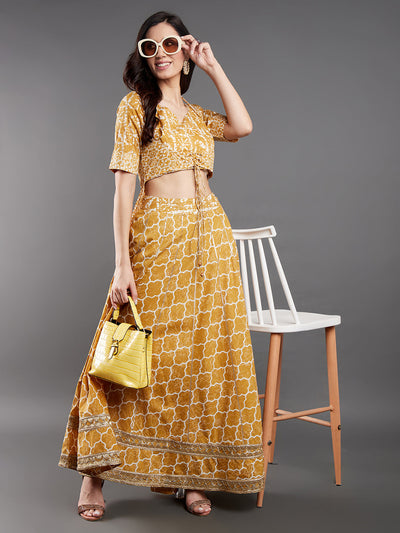 Mother Daughter Combo - Mustard Printed Lurex Lehenga Choli