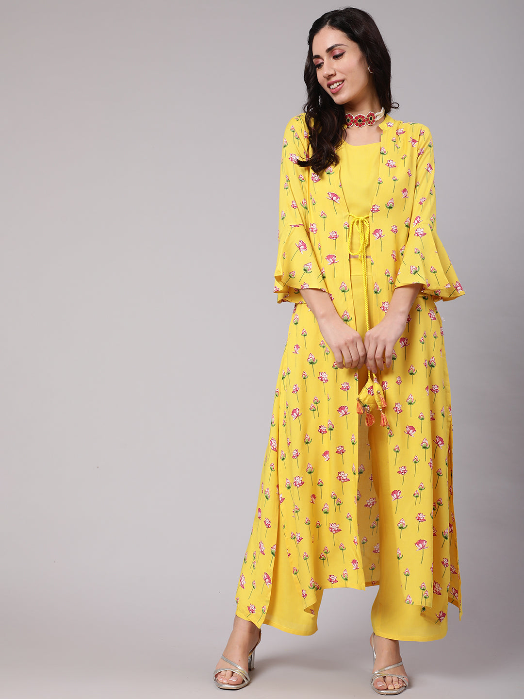 Yellow Lotus Print Co Ord Set with Jacket